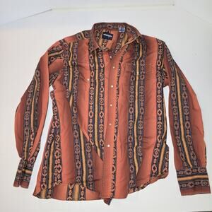 WRANGLER Mens Large Red native patter Western Flap Pocket Ranch Pearl Snap Shirt